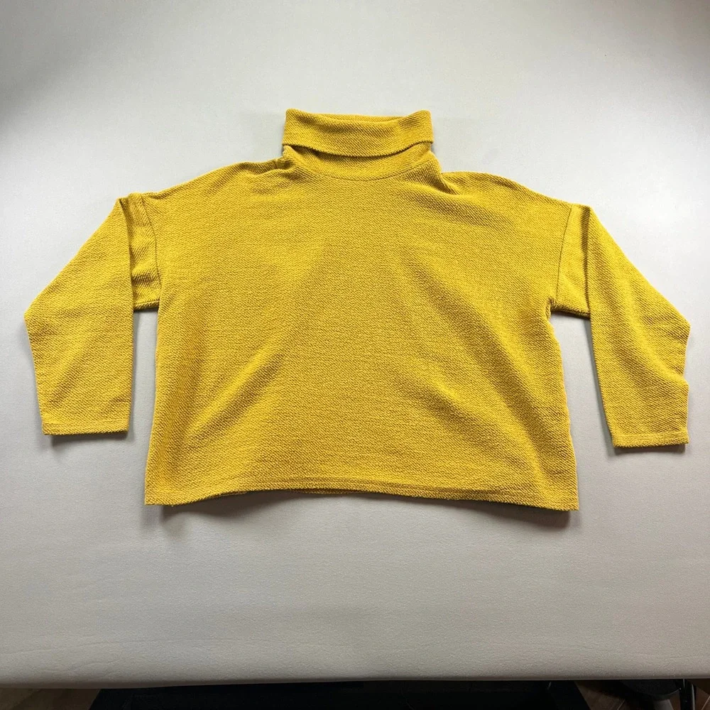 Aerie Sweater Womens L Yellow Cotton Textured Tight Knit Turtleneck Cozy Winter